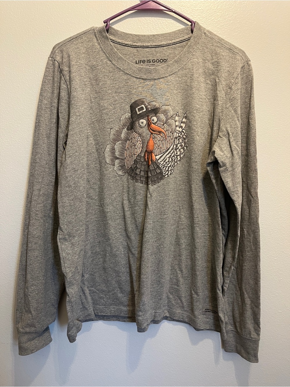 Life Is Good Womens Grey Long-Sleeve Turkey Graphic Tee